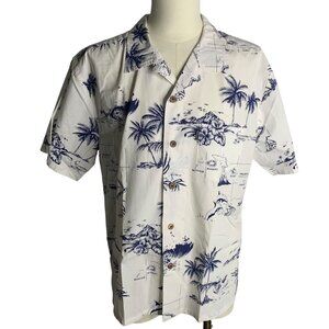 Palmwave Button Up Hawaiian Camp Shirt XL White Chest Pocket Short Sleeves